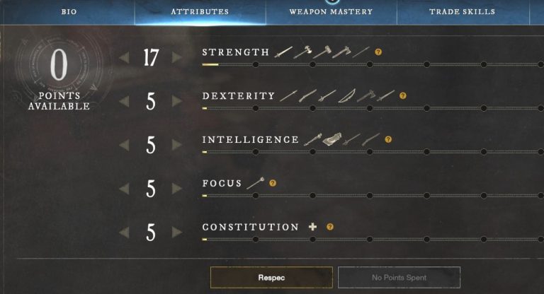Skills, Weapon mastery, and Attributes panel in New World